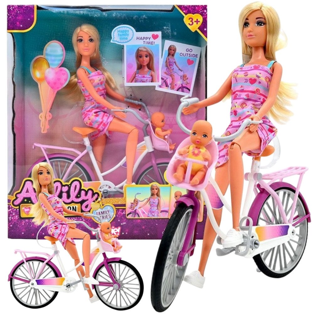 export-11206 Lėlė dviratininkė su vaikiška kėdute ir kūdikiu 57703 - Image 1