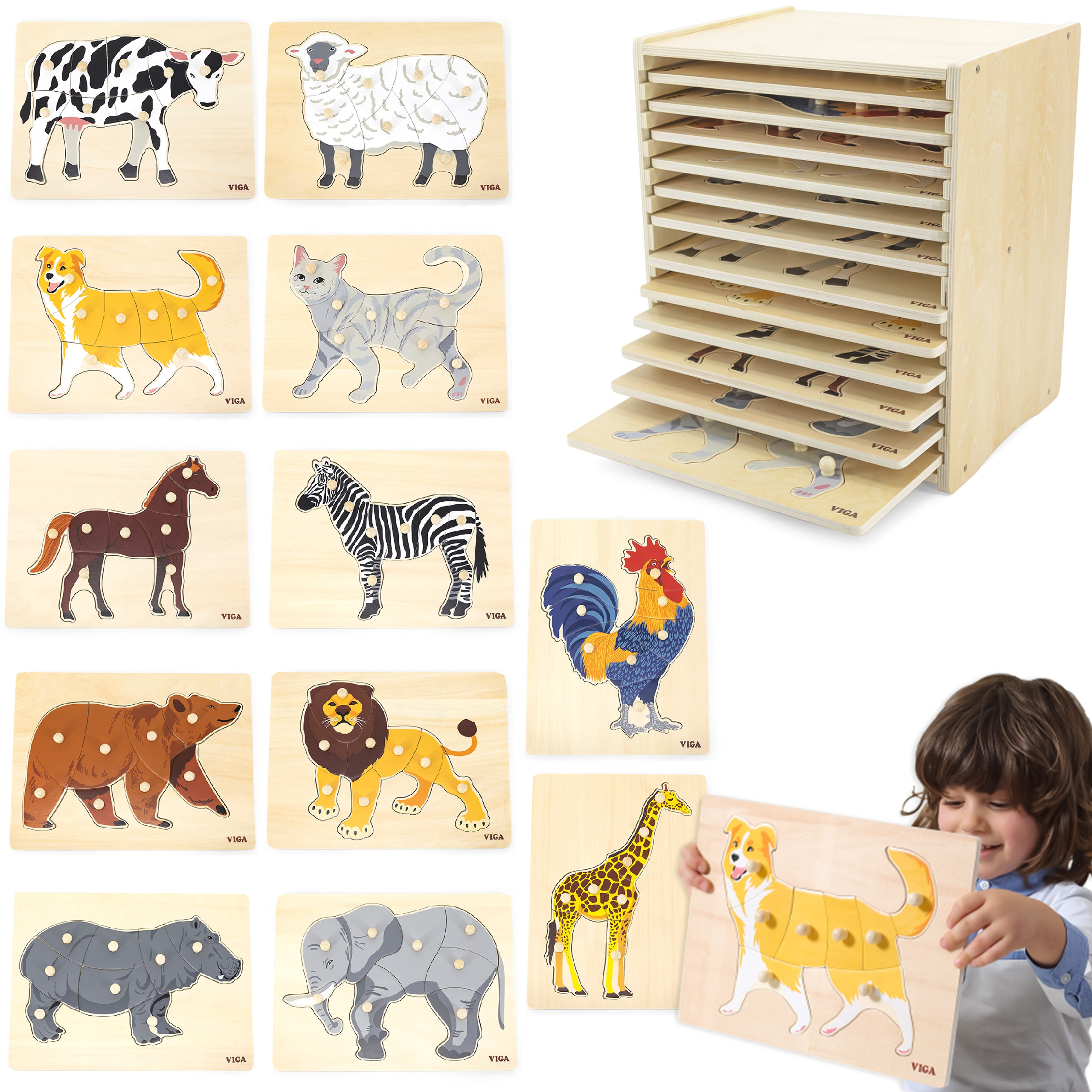 export Medinis dėlionių rinkinys 12 Montessori Gyvūnų Dėlionių + Stovas 44613 - Image 1